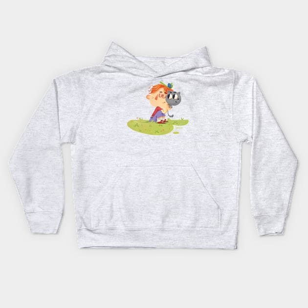 Boy and cat Kids Hoodie by azbeen